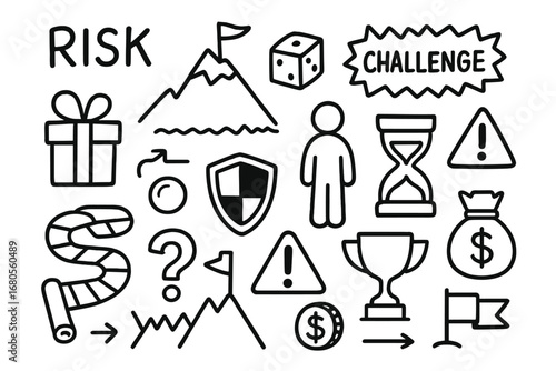 Doodle Game Elements. Hand-drawn doodle illustration risk game challenge mountain, obstacle, shield, dice, cards, tokens, timer,