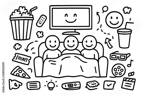 Doodle Communication & Movie Night. Hand-drawn doodle illustration group conversation multiple people icons, speech bubbles,