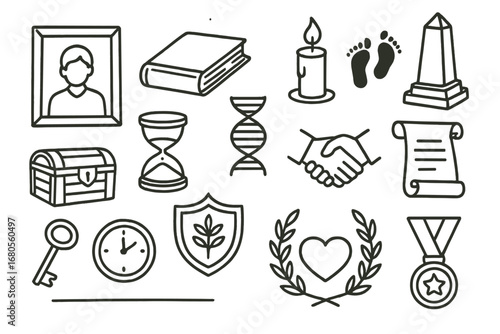 Doodle Legacy Symbols. Hand-drawn doodle illustration legacy and remembrance photo frame, old book, candle, monument, hourglass,