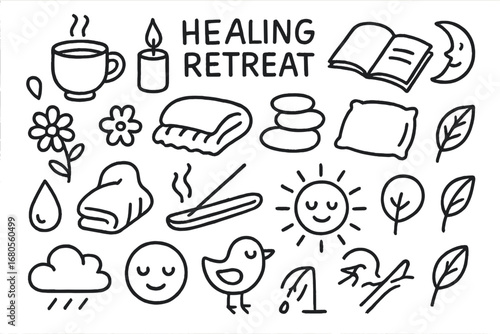 Doodle Symbol Collection. Hand-drawn doodle illustration healing retreat herbal tea, candle, open book, massage stones, flower,