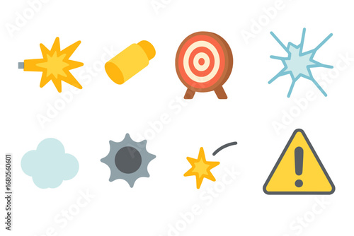 Colorful Gunshot Icons. Flat vector mini-illustrations gunshot effects in colors children's illustrations: muzzle flash, bullet