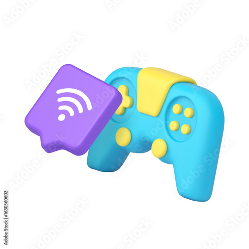Blue wireless gamepad and purple chat bubble with Wi-Fi symbol for gaming, streaming, web design, app UI, and technology. 3d icon realistic vector illustration.