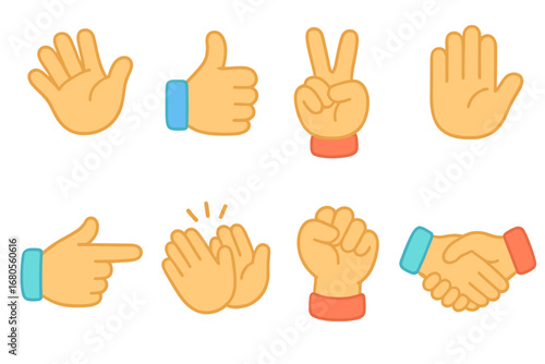 Colorful Gesture Icons. Flat vector mini-illustrations signal gestures in colors children's illustrations: waving hand, thumbs up,