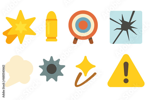 Colorful Gunshot Icons. Flat vector mini-illustrations gunshot effects in colors children's illustrations: muzzle flash, bullet