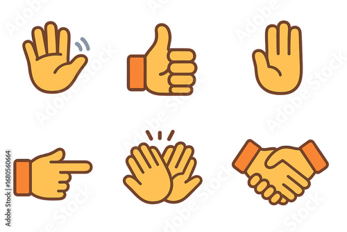 Colorful Gesture Icons. Flat vector mini-illustrations signal gestures in colors children's illustrations: waving hand, thumbs up,