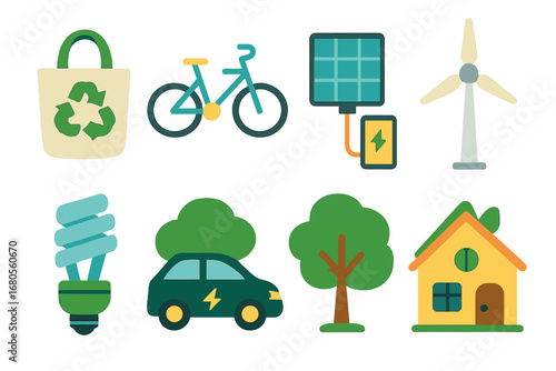 Eco and Halloween Icons. Flat vector mini-illustrations green energy lifestyle in colors children's illustrations: reusable bag,