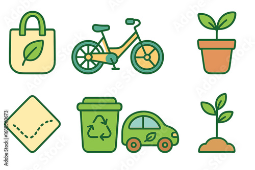 Eco-Friendly Kids Icons. Flat vector mini-illustrations eco-friendly lifestyle in colors children's illustrations: reusable bag,