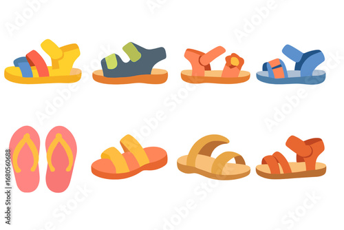Colorful Kids Sandals. Flat vector mini-illustrations kids sandals in colors children's illustrations: colorful sandals, velcro