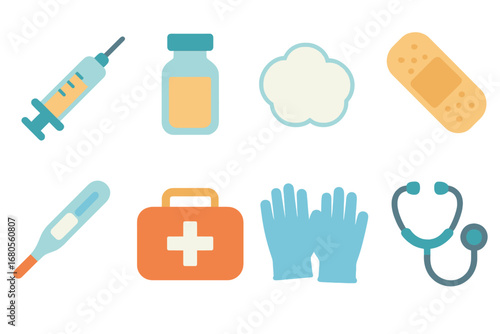 Colorful Medical Tools. Flat vector mini-illustrations medical injections in colors children's illustrations: syringe needle,