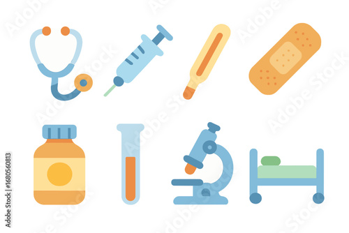 Colorful Medical Tools. Flat vector mini-illustrations plague medical tools in colors children's illustrations: stethoscope,