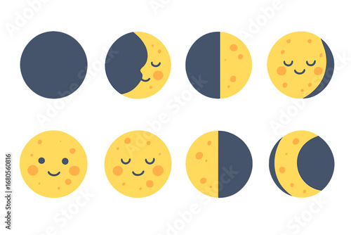 Colorful Lunar Phases. Flat vector mini-illustrations lunar phases in colors children's illustrations: new moon, waxing crescent,