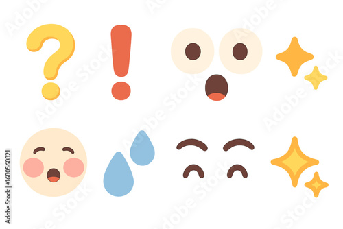 Emoji Expressions Grid. Flat vector mini-illustrations surprise emotions in colors children's illustrations: question mark,