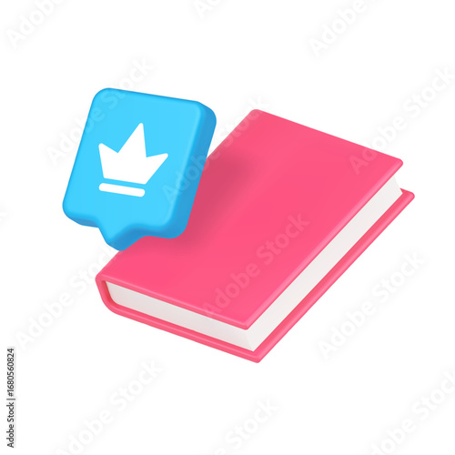 Knowledge education book learning crown authority status leadership achievement success communication royalty 3d icon realistic vector illustration