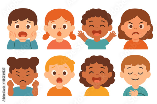 Emotions Grid Illustrations. Flat vector mini-illustrations scream and emotions in colors children's illustrations: fear, surprise