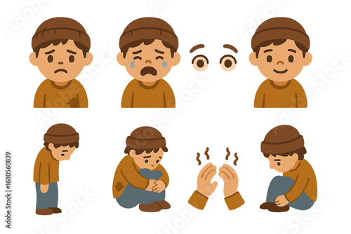 Emotions of Homelessness Icons. Flat vector mini-illustrations homelessness emotions in colors children's illustrations: sad face,