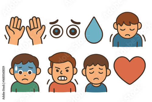 Emotional Icons Grid. Flat vector mini-illustrations regret and emotions in colors children's illustrations: trembling hands, sad