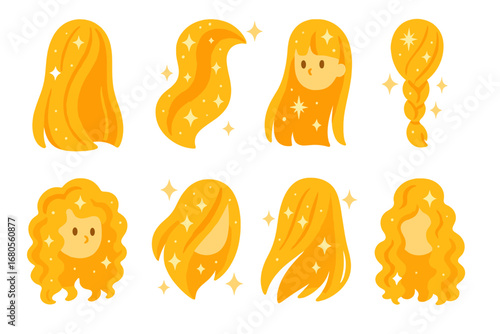 Enchanted Glowing Hair Icons. Flat vector mini-illustrations enchanted glowing hair in colors children's illustrations: long