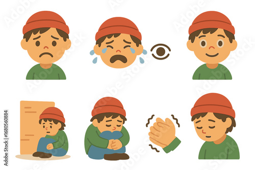 Emotions of Homelessness Icons. Flat vector mini-illustrations homelessness emotions in colors children's illustrations: sad face,