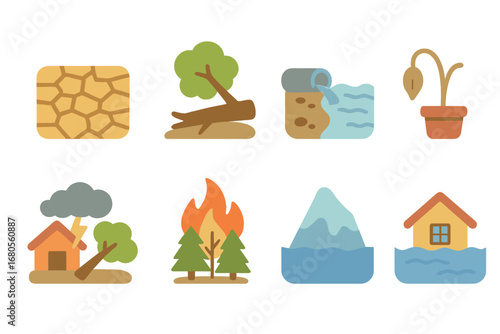 Environmental Challenges Icons. Flat vector mini-illustrations natural suffering in colors children's illustrations: drought