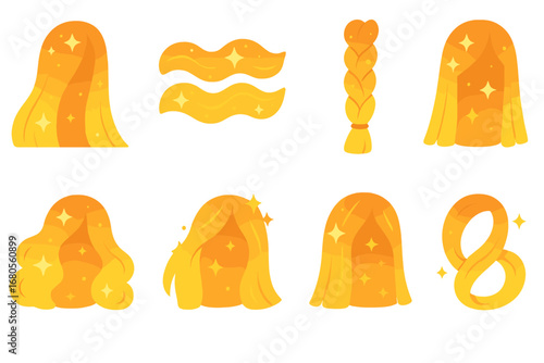 Enchanted Glowing Hair Icons. Flat vector mini-illustrations enchanted glowing hair in colors children's illustrations: long