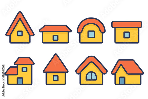 Colorful Roof Icons. Flat vector mini-illustrations roof shapes and angles in colors children's illustrations: steep roof, low