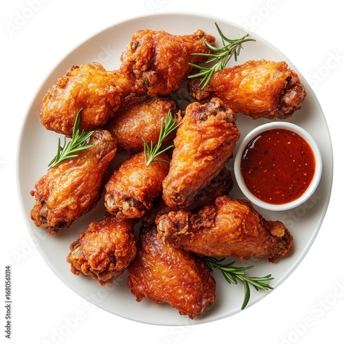 Delicious crispy fried chicken wings served on a white plate with a spicy dipping sauce and fresh rosemary sprigs ready to be enjoyed on transparent background