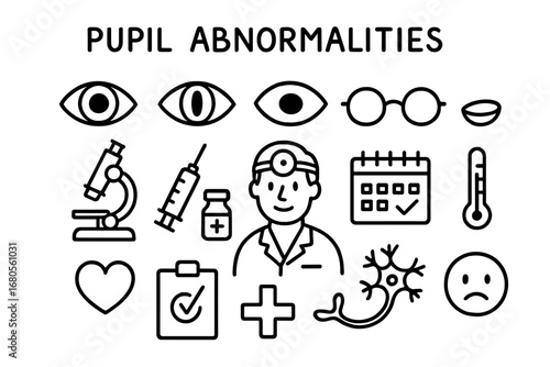 Eye Health Doodle. Hand-drawn doodle illustration pupil pupil abnormalities pupil, iris, eye, glasses, contact lens, microscope,