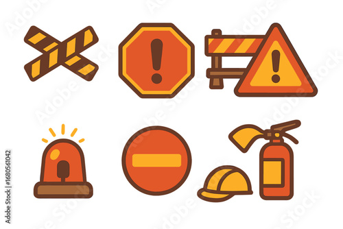 Colorful Safety Icons. Flat vector mini-illustrations wreck warning signs in colors children's illustrations: caution tape, danger
