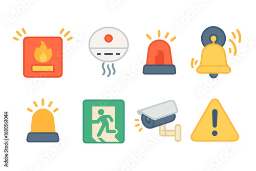 Colorful Safety Icons. Flat vector mini-illustrations loud alarms in colors children's illustrations: fire alarm, smoke detector,