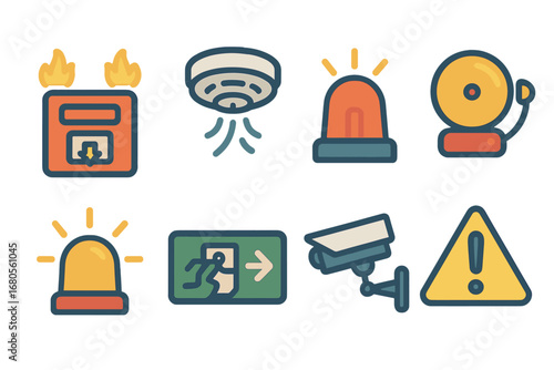 Colorful Safety Icons. Flat vector mini-illustrations loud alarms in colors children's illustrations: fire alarm, smoke detector,