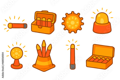 Colorful Safety Flares. Flat vector mini-illustrations safety flares in colors children's illustrations: roadside flare, safety