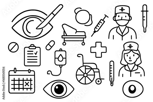 Eye Surgery Doodle Icons. Hand-drawn doodle illustration lens eye surgery scalpel, lens, hospital bed, doctor, syringe, clipboard,