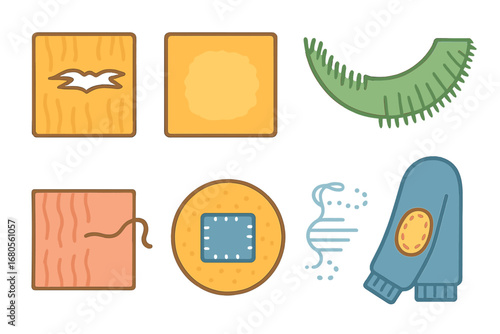 Fabric Repair Icons. Flat vector mini-illustrations fabric damage in colors children's illustrations: torn fabric, faded dye,