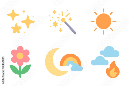 Fairy Tale Symbols. Flat vector mini-illustrations fairy tale symbols in colors children's illustrations: magic stars, fairy dust,