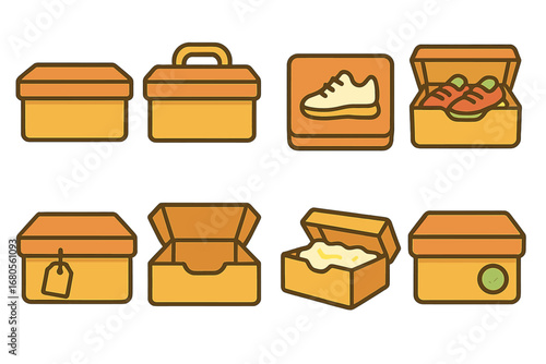 Colorful Shoe Packaging Icons. Flat vector mini-illustrations shoe packaging in colors children's illustrations: shoebox with lid,
