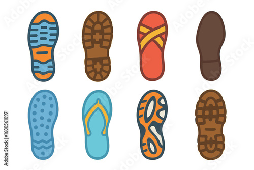 Colorful Shoe Print Grid. Flat vector mini-illustrations shoeprint types in colors children's illustrations: sneaker sole print,