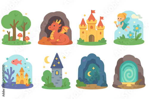 Fantasy Icons Grid. Flat vector mini-illustrations fantasy scenes in colors children's illustrations: enchanted forest, dragon’s