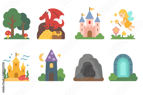 Fantasy Icons Grid. Flat vector mini-illustrations fantasy scenes in colors children's illustrations: enchanted forest, dragon’s