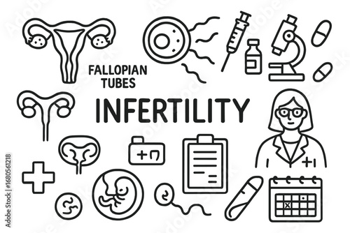 Fertility Symbol Doodles. Hand-drawn doodle illustration fallopian tubes infertility fallopian tubes, ovaries, uterus, sperm, egg