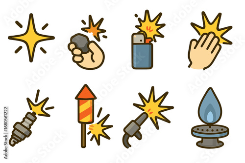 Colorful Sparks Grid. Flat vector mini-illustrations ignition sparks in colors children's illustrations: electric spark, flint