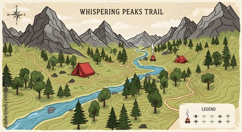 Illustrated Map of Whispering Peaks Trail with Campsites and River