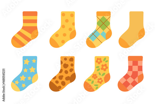 Colorful Sock Patterns. Flat vector mini-illustrations sock patterns in colors children's illustrations: striped sock, polka dot