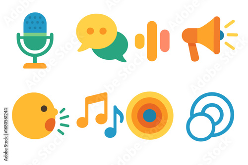 Colorful Sound Icons. Flat vector mini-illustrations voice echo in colors children's illustrations: microphone, speech bubbles,