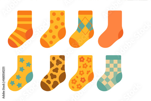Colorful Sock Patterns. Flat vector mini-illustrations sock patterns in colors children's illustrations: striped sock, polka dot