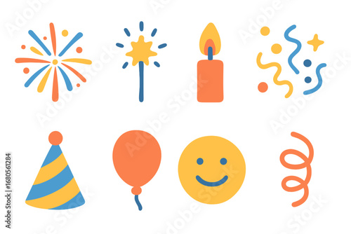 Festive Children's Icons. Flat vector mini-illustrations festive flash in colors children's illustrations: fireworks burst,