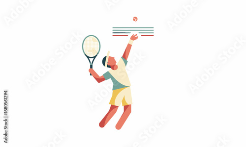 Stylized tennis player serving, holding racket, ball in air, wearing sportswear, flat illustration.