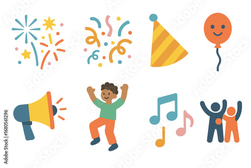 Festive Icons Extravaganza. Flat vector mini-illustrations thrill celebrations in colors children's illustrations: fireworks,