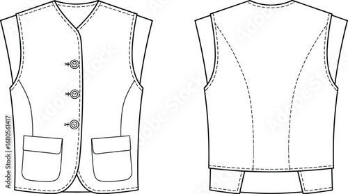 Technical flat sketch of tailored sleeveless vest with V‑neckline, button closure, flap pockets, front and back views for fashion design