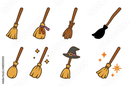 Colorful Witch Broomsticks. Flat vector mini-illustrations witch brooms in colors children's illustrations: rustic broomstick,