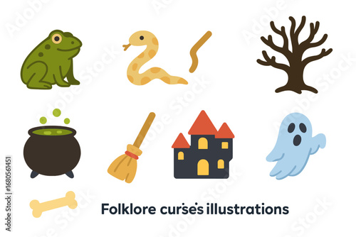 Folklore Curses Icons. Flat vector mini-illustrations folklore curses in colors children's illustrations: toad, snake, cauldron,